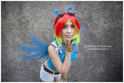 Size: 900x605 | Tagged: safe, artist:yeonlang, rainbow dash, human, g4, black underwear, bra strap, clothes, cosplay, irl, irl human, midriff, photo, tank top, underwear