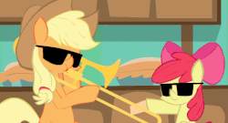 Size: 475x257 | Tagged: safe, artist:gmrqor, apple bloom, applejack, earth pony, pony, g4, animated, apple bloom's bow, applejack's hat, bow, cowboy hat, duo, female, filly, foal, hair bow, hat, mare, musical instrument, parody, remake, sunglasses, trombone, vine video, when granny smith ain't home, when mama isn't home
