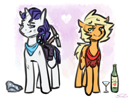 Size: 1241x955 | Tagged: safe, artist:siden, applejack, rarity, oc, oc:ivory, oc:sparkling cider, ultimare universe, g4, alternate universe, cider, female, lesbian, pickaxe, ship:rarijack, shipping