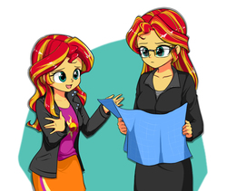 Size: 829x700 | Tagged: safe, artist:twilite-sparkleplz, sunset shimmer, human, equestria girls, g4, blueprint, clothes, cute, frown, glasses, human paradox, open mouth, reading, self paradox, shimmerbetes, skirt, smiling