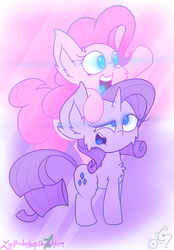 Size: 2304x3312 | Tagged: dead source, safe, artist:zacproductions, pinkie pie, rarity, g4, chest fluff, cute, female, high res, impossibly large ears, lesbian, ship:raripie, shipping