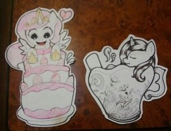 Size: 418x321 | Tagged: safe, artist:patterndream, princess celestia, princess luna, g4, cake, cewestia, cutouts, filly, sister, tea, teacup