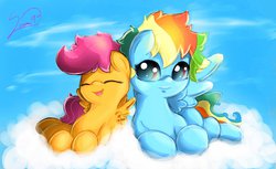 Size: 1600x976 | Tagged: safe, artist:sverre93, rainbow dash, scootaloo, pegasus, pony, g4, alternate hairstyle, cloud, cloudy, cuddling, eyes closed, female, filly, foal, happy, lying down, mare, open mouth, prone, scootalove, signature, sky, spread wings, wings