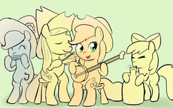 Size: 900x564 | Tagged: safe, artist:empyu, apple bloom, applejack, blewgrass, fiddlesticks, pitch perfect, earth pony, pony, g4, apple family member, banjo, glass blowing, group, harmonica, musical instrument, quartet, violin, wrong cutie mark