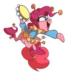 Size: 2501x2579 | Tagged: dead source, safe, artist:psychoon, pinkie pie, earth pony, pony, g4, clothes, female, high res, jester, jester pie, musical instrument, solo, tambourine