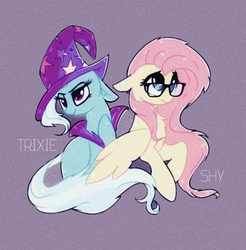 Size: 486x494 | Tagged: safe, artist:aureai, fluttershy, trixie, pony, unicorn, g4, duo, female, glasses, mare, simple background