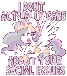 Size: 660x745 | Tagged: source needed, safe, artist:nekozneko, edit, princess celestia, alicorn, pony, g4, crown, female, hoof shoes, jewelry, lying down, mare, mouthpiece, nobody cares, open mouth, open smile, parody, prone, regalia, simple background, smiling, solo, spread wings, transparent background, tumblr, tyrant celestia, wings