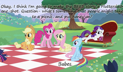 Size: 956x559 | Tagged: safe, edit, edited screencap, screencap, applejack, fluttershy, pinkie pie, rainbow dash, rarity, twilight sparkle, bee, pony, unicorn, g4, honey, innuendo, insane pony thread, picnic, shipping, unicorn twilight