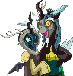 Size: 600x621 | Tagged: safe, artist:archeopony, discord, queen chrysalis, changeling, changeling queen, draconequus, g4, clothes, duo, kigurumi, simple background, transparent background