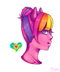 Size: 500x600 | Tagged: safe, artist:adventageouslizards, pink sunsparkle, anthro, g3, bust, colored pupils, female, human facial structure, looking back, portrait, simple background, solo, white background