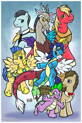 Size: 600x900 | Tagged: safe, artist:therealjoshlyman, big macintosh, bruce mane, discord, doctor whooves, flash sentry, soarin', spike, time turner, earth pony, pony, g4, armor, bowtie, colored, lineart, male, stallion, wonderbolts uniform