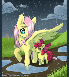 Size: 600x667 | Tagged: safe, artist:satrathai, apple bloom, fluttershy, g4, rain, wing umbrella