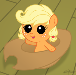 Size: 3522x3500 | Tagged: safe, artist:godoffury, applejack, earth pony, pony, g4, baby, baby pony, babyjack, cute, female, filly, foal, hat, high res, jackabetes, open mouth, smiling, solo