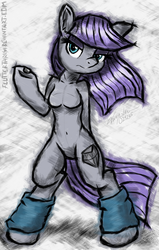 Size: 900x1414 | Tagged: safe, artist:flutterthrash, boulder (g4), maud pie, earth pony, anthro, semi-anthro, g4, arm hooves, barbie doll anatomy, belly button, bipedal, breasts, female, leg warmers, nudity, solo, wrong cutie mark