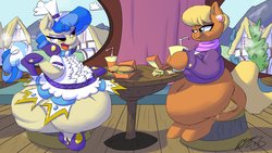 Size: 2732x1536 | Tagged: safe, artist:093, ms. harshwhinny, sapphire shores, earth pony, pony, g4, belly, belly button, burger, earring, fat, food, french fries, hat, hay burger, indoors, ms. lardwhinny, obese, ponyville, sitting, table, the ass was fat