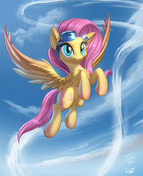 Size: 600x736 | Tagged: safe, artist:tsitra360, artist:vest, fluttershy, pegasus, pony, g4, badass, collaboration, explosive collaboration, female, flutterbadass, flying, goggles, graceful, mare, solo