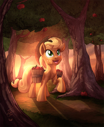 Size: 734x900 | Tagged: safe, artist:tsitra360, artist:vest, applejack, earth pony, pony, g4, apple, collaboration, cute, explosive collaboration, female, freckles, grass, hat, jackabetes, mare, open mouth, orchard, solo, tree