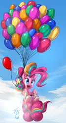 Size: 483x900 | Tagged: safe, artist:tsitra360, artist:vest, pinkie pie, g4, balloon, cloud, collaboration, cute, diapinkes, explosive collaboration, female, flying, rainbow power, sky, solo, then watch her balloons lift her up to the sky