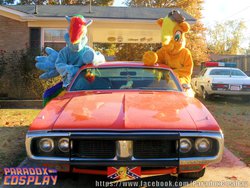 Size: 2000x1500 | Tagged: dead source, safe, artist:judhudson, applejack, rainbow dash, human, g4, cosplay, dukes of hazzard, fursuit, general lee, irl, irl human, photo