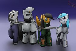 Size: 1280x860 | Tagged: safe, artist:the-furry-railfan, oc, oc only, oc:minty candy, oc:moral fringe, oc:nikolai, oc:twintails, cyborg, pegasus, pony, unicorn, zebra, fallout equestria, fallout equestria: occupational hazards, armor, b.a.r., cape, clothes, group shot, gun, helmet, luger, pistol, power armor, rifle, steel ranger