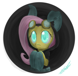 Size: 3420x3342 | Tagged: safe, artist:natsu714, fluttershy, pegasus, pony, g4, bunny ears, clothes, costume, dangerous mission outfit, female, glowing eyes, goggles, high res, hoodie, mare, simple background, socks, solo, transparent background