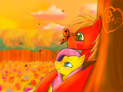 Size: 1336x1000 | Tagged: safe, artist:konfettimayhem, big macintosh, fluttershy, butterfly, earth pony, pony, g4, butterfly on nose, insect on nose, male, ship:fluttermac, shipping, stallion, straight, tree