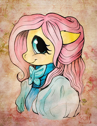 Size: 579x750 | Tagged: safe, artist:scheadar, fluttershy, g4, bust, clothes, cute, dress, female, floppy ears, looking at you, portrait, shyabetes, solo