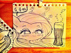 Size: 800x597 | Tagged: safe, artist:sigpi, fluttershy, g4, beer, female, korean, monochrome, solo, traditional art