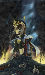 Size: 1000x1666 | Tagged: safe, artist:1jaz, oc, oc only, earth pony, pony, bolter, chainsword, clothes, commissar, crossover, cybernetic legs, dark, fire, gun, male, mouth hold, prosthetics, skull, solo, stallion, sword, warhammer (game), warhammer 40k, weapon