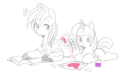 Size: 850x522 | Tagged: safe, artist:ende26, shining armor, twilight sparkle, g4, book, glitter, monochrome, partial color, prone, valentine, younger