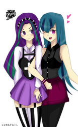 Size: 1126x1814 | Tagged: safe, artist:myumlamy, aria blaze, sonata dusk, equestria girls, g4, alternate clothes, alternate hairstyle, clothes, garter belt, garters, hairband, heart, humanized, see-through, stockings, wink