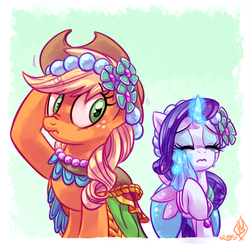 Size: 1100x1075 | Tagged: safe, artist:whitediamonds, applejack, rarity, earth pony, pony, unicorn, rarijack daily, a canterlot wedding, g4, applejack's hat, clothes, cowboy hat, crying, duo, duo female, eyes closed, eyeshadow, female, freckles, glowing, glowing horn, handkerchief, hat, horn, lesbian, levitation, liarjack, magic, magic aura, makeup, mare, raised hoof, scene interpretation, scrunchy face, ship:rarijack, shipping, telekinesis, tissue