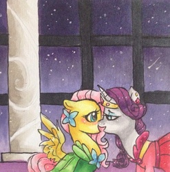 Size: 1240x1256 | Tagged: safe, artist:mylovelylockets, fluttershy, rarity, g4, clothes, dress, female, gala dress, lesbian, ship:flarity, shipping, traditional art