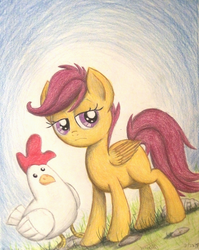 Size: 1066x1336 | Tagged: safe, artist:thefriendlyelephant, scootaloo, chicken, g4, scootachicken, scootaloo is not amused, traditional art