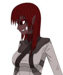Size: 2553x3021 | Tagged: safe, artist:litnov101, oc, oc only, oc:marksaline, human, dead space, elf ears, eyeshadow, grin, high res, humanized, humanized oc, makeup, red eyes, sharp teeth, simple background, solo, transparent background