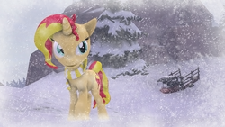 Size: 1920x1080 | Tagged: safe, artist:sfmaniax, sunset shimmer, pony, unicorn, g4, 3d, broken, cart, clothes, scarf, snow, snowfall, source filmmaker, tree, winter