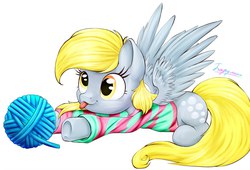 Size: 1280x871 | Tagged: safe, artist:anvalina, derpy hooves, pegasus, pony, g4, behaving like a cat, clothes, cute, derpabetes, female, lying down, mare, my little brony, solo, sweater, tongue out, yarn