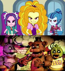 Size: 1366x1500 | Tagged: safe, screencap, adagio dazzle, aria blaze, sonata dusk, equestria girls, g4, my little pony equestria girls: rainbow rocks, bonnie (fnaf), chica, comparison, evil, evil smile, five nights at freddy's, freddy fazbear, the dazzlings