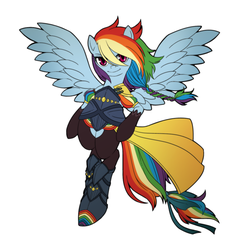 Size: 1152x1172 | Tagged: safe, artist:うめぐる, rainbow dash, anthro, semi-anthro, g4, alternate hairstyle, arm hooves, armor, bipedal, female, looking at you, smiling, solo