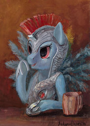 Size: 1024x1432 | Tagged: safe, artist:satynapaper, rainbow dash, g4, armor, cider, female, gouache, solo, traditional art