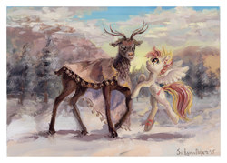 Size: 2519x1800 | Tagged: safe, artist:satynapaper, oc, oc only, deer, pegasus, pony, reindeer, gouache, snow, traditional art