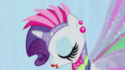 Size: 1248x702 | Tagged: safe, screencap, rarity, g4, sonic rainboom (episode), animated, butterfly wings, clothes, collar, costume, earring, feather, female, gossamer wings, headdress, lipstick, makeup, pose, rarity being rarity, shine, smiling, sparkles, sweat, wings, wristband, zoom out