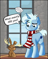 Size: 700x860 | Tagged: safe, artist:knight-of-bacon, oc, oc only, oc:flash freeze, jackalope, clothes, scarf, snow, snowfall