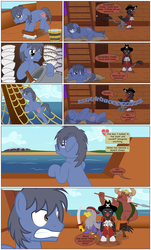 Size: 2000x3302 | Tagged: safe, artist:mlp-silver-quill, oc, oc only, oc:arr-snick, oc:brass knuckle, oc:captain blackwing, oc:clutterstep, earth pony, griffon, minotaur, pony, comic:imani, butt, comic, cutie mark, high res, implied murder, male, ocean, on back, pirate, plot, ship, shore, sleeping, snoring, stallion, swab, sweat, sword, the princess bride, weapon