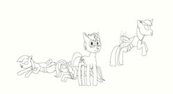 Size: 1211x660 | Tagged: safe, artist:derek the metagamer, fluttershy, rainbow dash, twilight sparkle, oc, oc:derek the metagamer, changeling, g4, changelingified, crude sketch, damuro, dashling, female, flutterling, flying, holeless, lineart, male, monochrome, muro