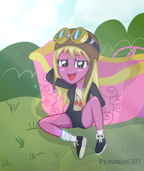 Size: 1260x1500 | Tagged: safe, artist:sumin6301, cherry berry, equestria girls, g4, aviator hat, balloon basket, blushing, cherry, clothes, equestria girls-ified, female, food, goggles, hat, hot air balloon, hot pants, shorts, solo