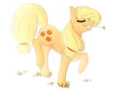 Size: 900x658 | Tagged: safe, artist:catitty, applejack, g4, female, grin, hatless, missing accessory, solo, straw, trotting