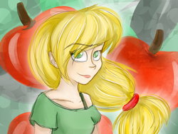 Size: 1600x1200 | Tagged: safe, artist:sillycheery, applejack, human, g4, clothes, female, hair tie, humanized, smiling, solo, t-shirt