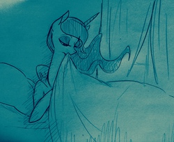 Size: 1280x1045 | Tagged: safe, artist:glacierclear, princess luna, g4, bed, bedsheets, blanket, female, mouth hold, smiling, solo, traditional art