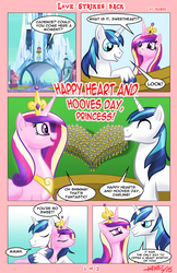 Size: 792x1224 | Tagged: safe, artist:henbe, princess cadance, shining armor, alicorn, pony, unicorn, g4, comic, crystal palace, eyes closed, female, heart, hearts and hooves day, hug, male, open mouth, royal guard, ship:shiningcadance, shipping, smiling, straight